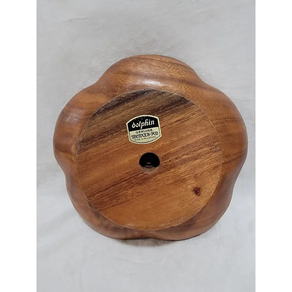 Vintage Monkey Pod Wood Lazy Susan Turntable Flower Shape Pedestal Divided Dish